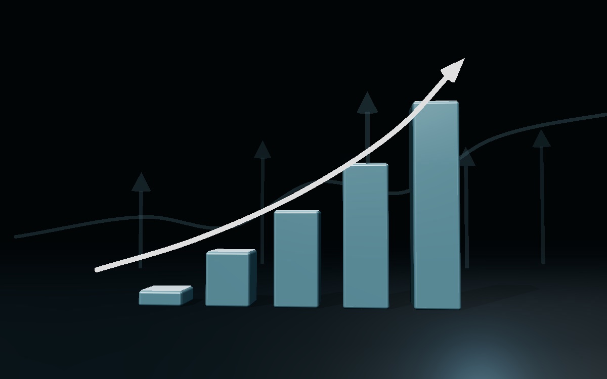 Rising bar chart with a white upward arrow: a symbol of business and revenue growth