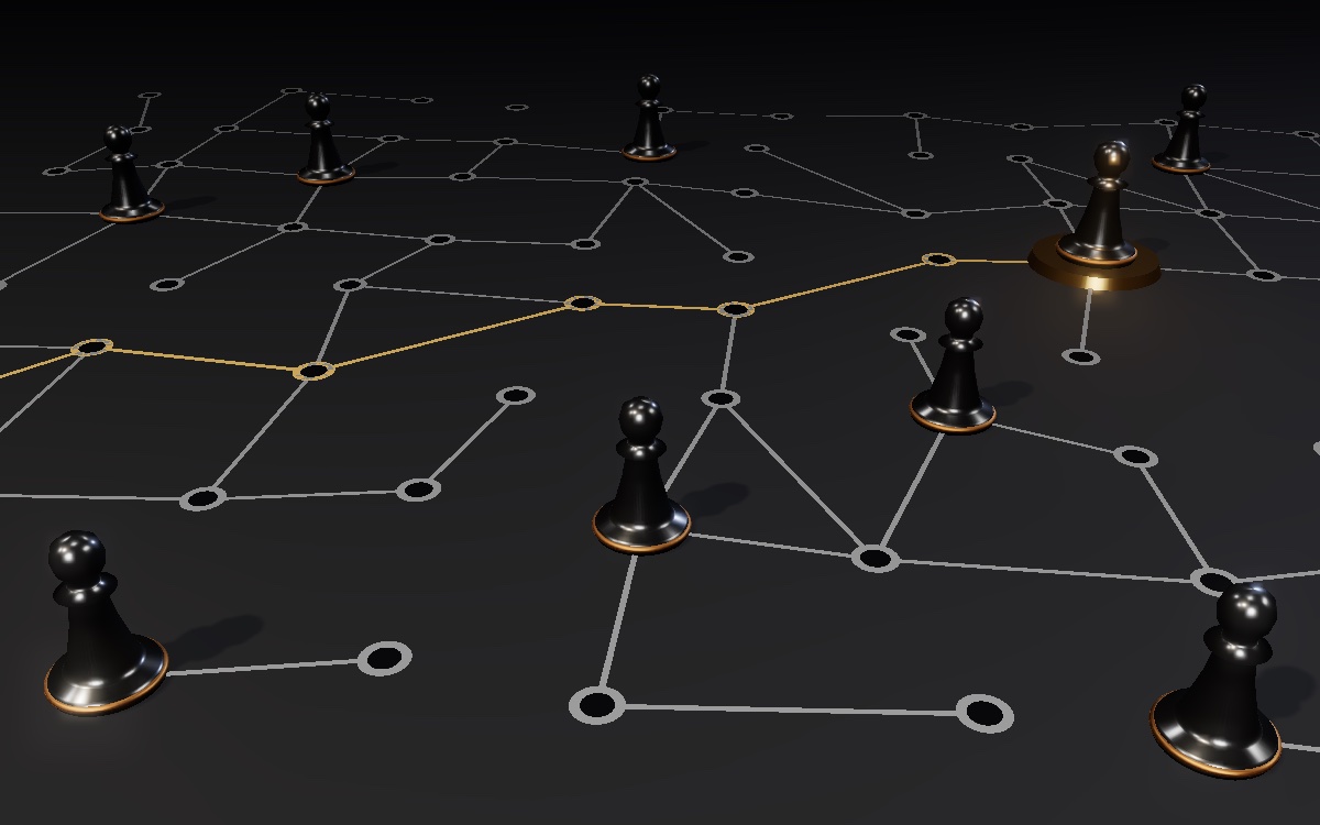 Chess pawns on a network of paths, with a golden route leading to the winning piece: a symbol of smart marketing strategy